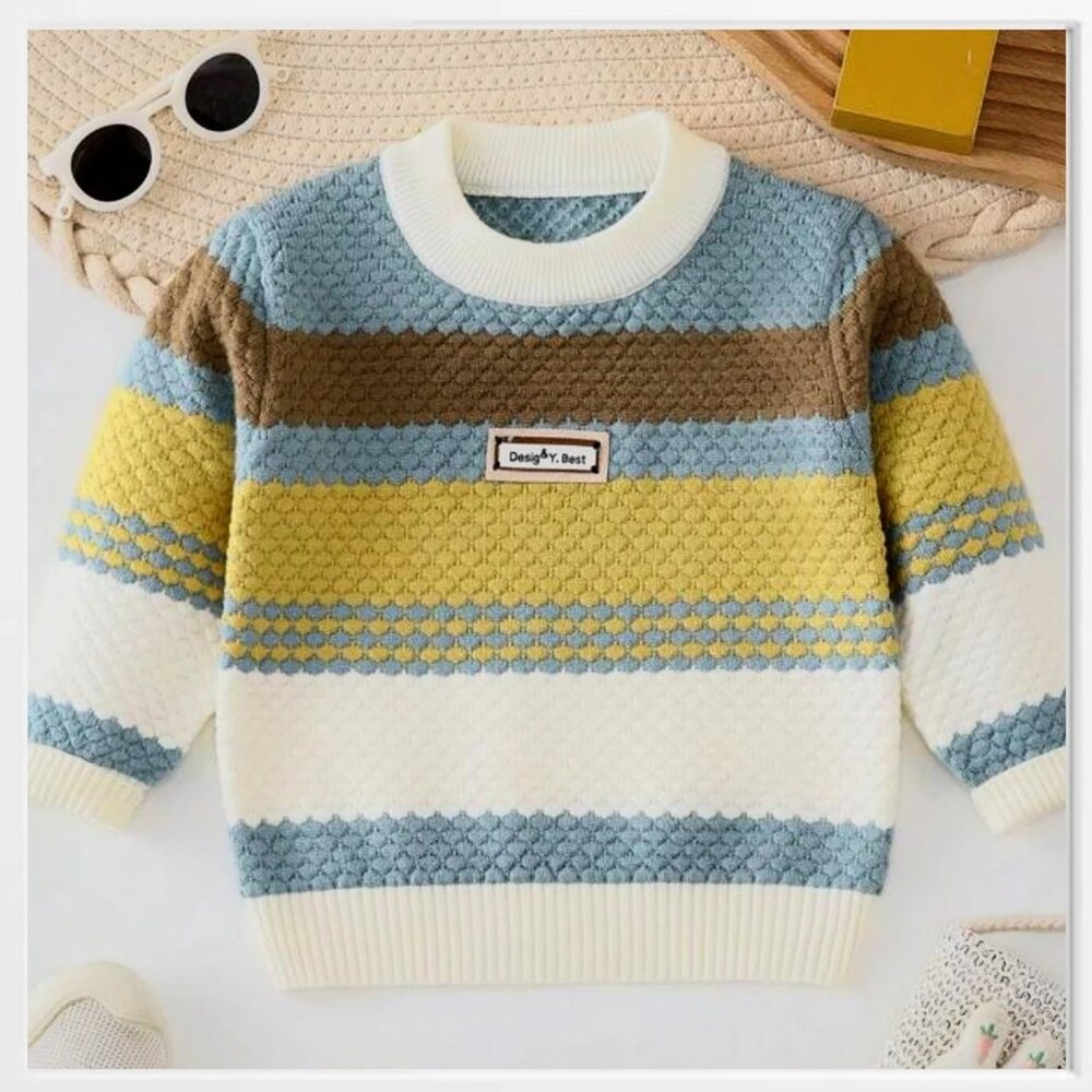 Cozy Textured Knit Sweater With Color Block Stripes Cardigan for a Boy 3-4 years
